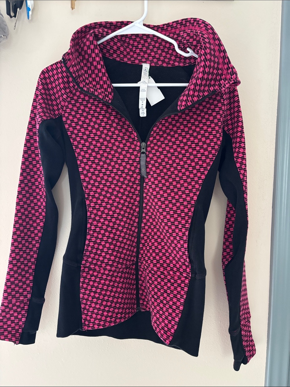 Lululemon Pink Patterned Zip Bomber Jacket with Black Panels